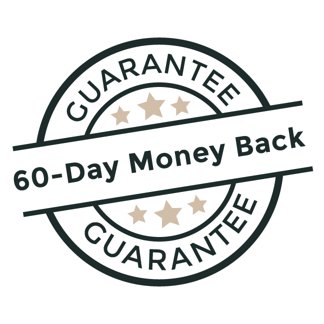 60-Day Money Back Guarantee badge, ensuring risk-free purchase and customer satisfaction.