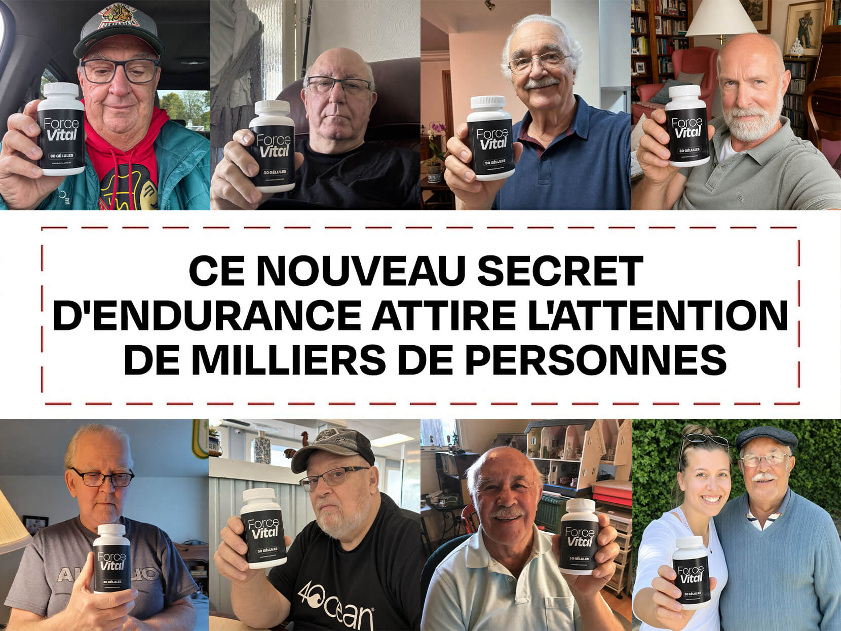 Visuel promotionnel ForceVital montrant plusieurs personnes tenant le flacon