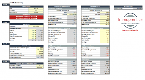 Screenshot des Immoprentice Portfolio Excel (Lite Variante). Ei